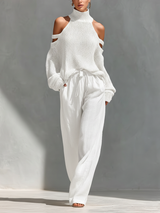 Women's Two-Piece Set Cold Shoulder High Neck Wide Leg – Beach Vacation
