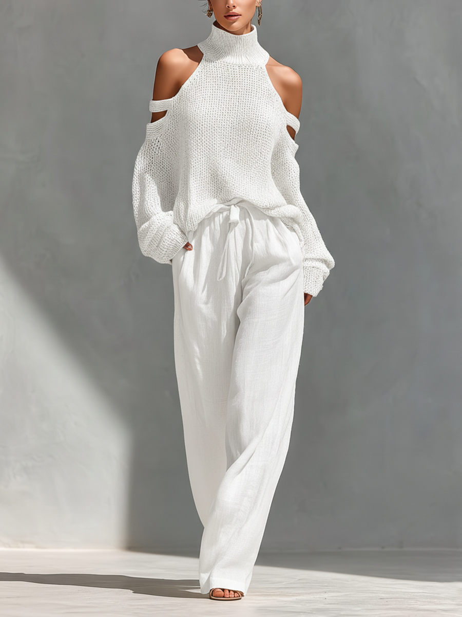 Women's Two-Piece Set Cold Shoulder High Neck Wide Leg – Beach Vacation