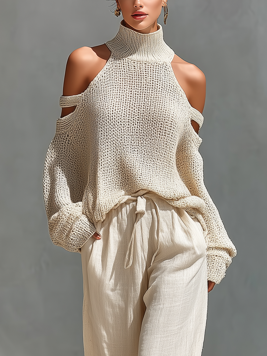 Women's Two-Piece Set Cold Shoulder High Neck Wide Leg – Beach Vacation