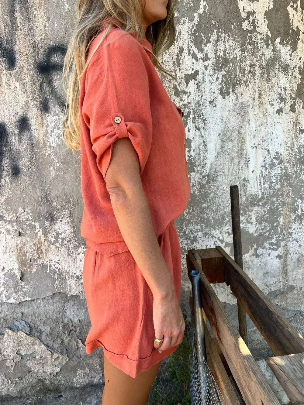 Women's Two Piece Set Collared Shirt Roll Tab Sleeve Shorts – Summer Outings