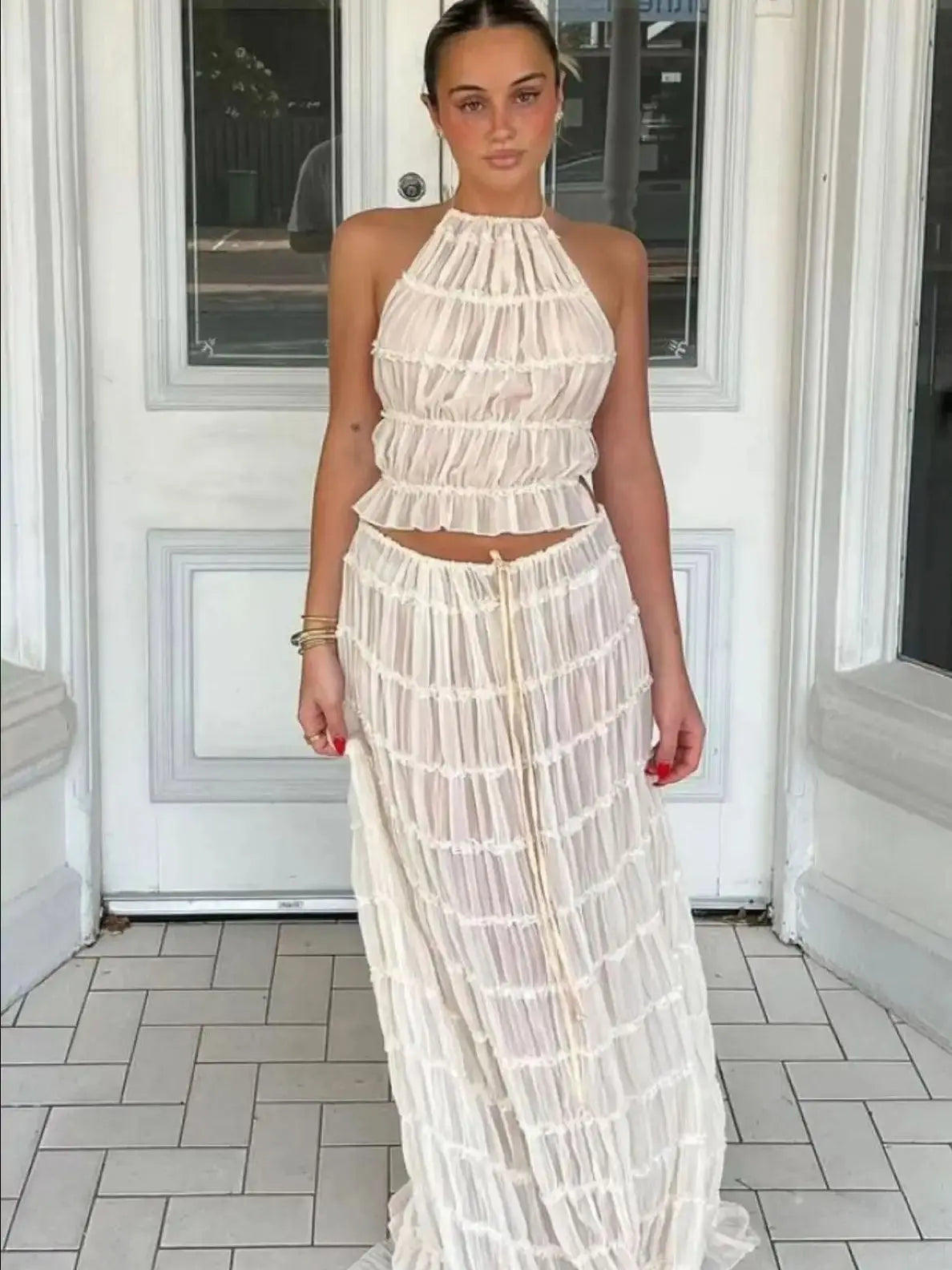 Women's Two Piece Set Halter Crop Top Maxi Skirt – Beach Vacation