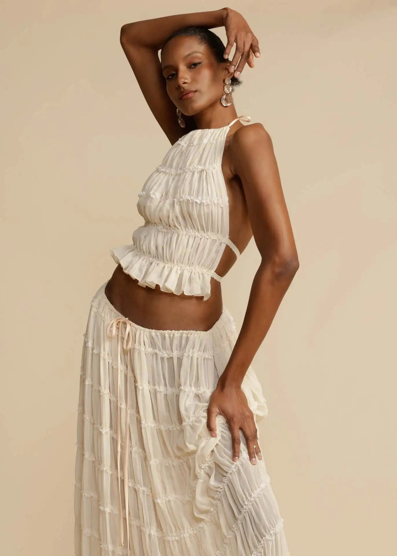 Women's Two Piece Set Halter Crop Top Maxi Skirt – Beach Vacation