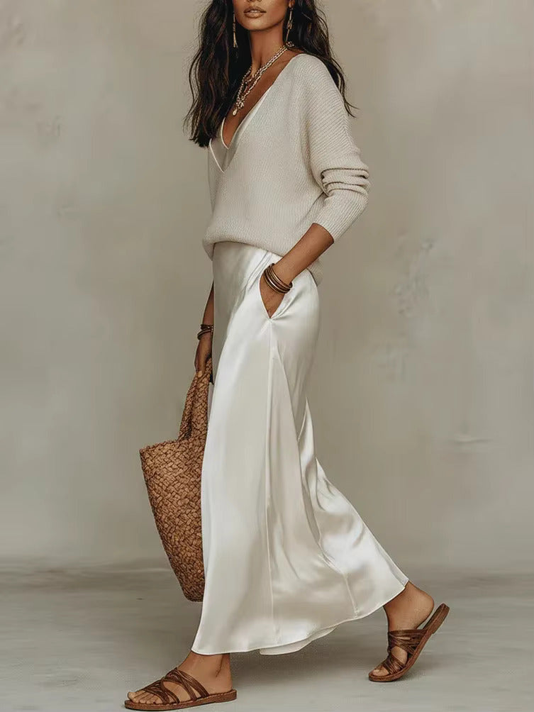 Women's Two-Piece Set Maxi Slip Dress V-Neck Sweater – Resort Daytime