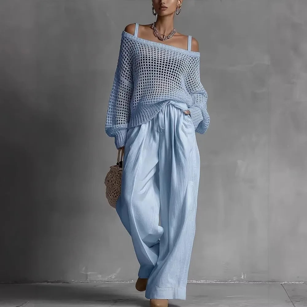 Women's Two-Piece Set Off-Shoulder Long Sleeve Wide Leg – Resort Strolls
