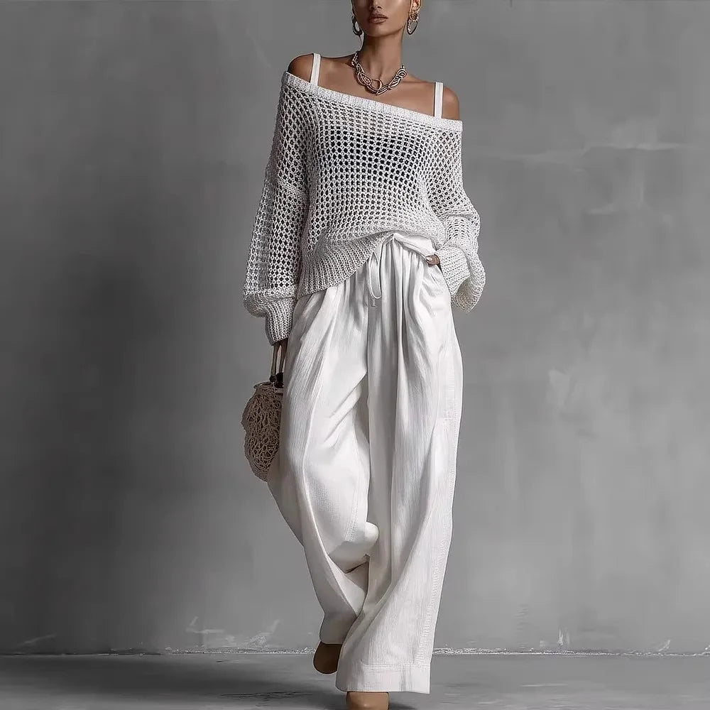 Women's Two-Piece Set Off-Shoulder Long Sleeve Wide Leg – Resort Strolls