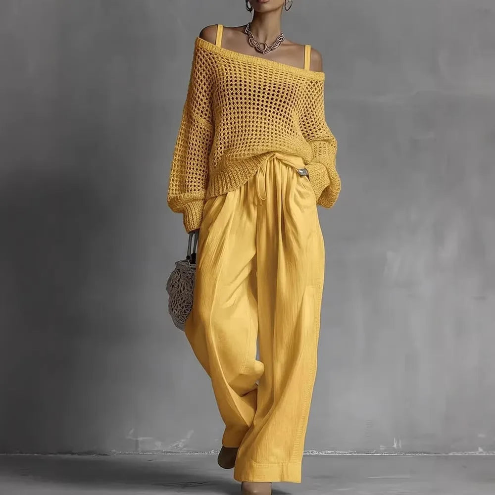 Women's Two-Piece Set Off-Shoulder Long Sleeve Wide Leg – Resort Strolls