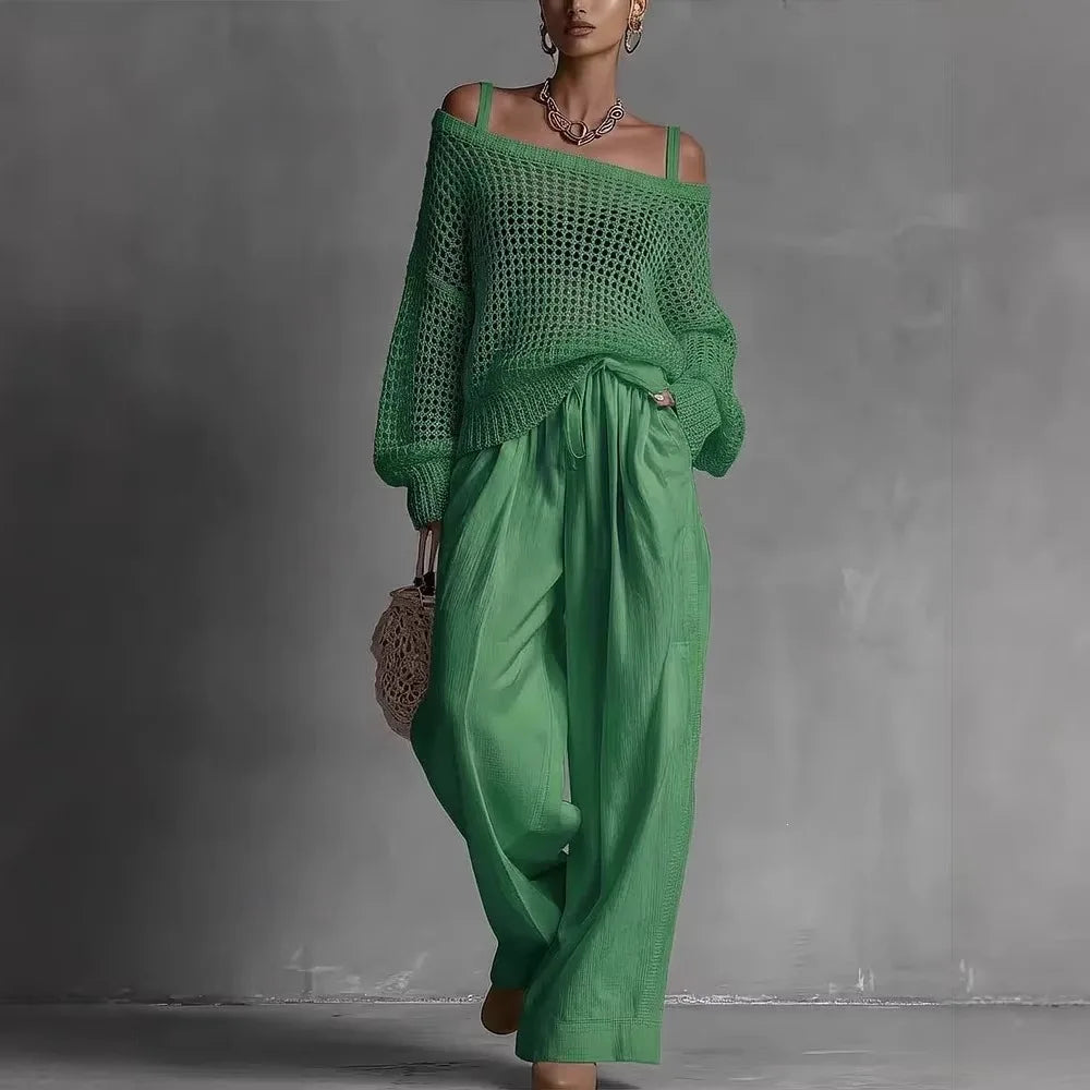Women's Two-Piece Set Off-Shoulder Long Sleeve Wide Leg – Resort Strolls