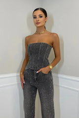 Women's Two-Piece Set Strapless Top High Rise Straight Leg – Party Event