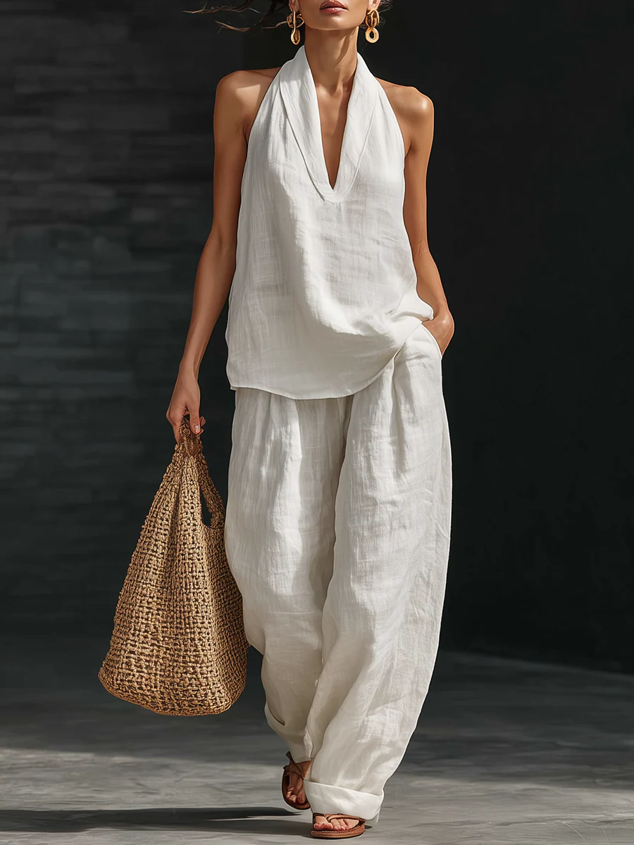 Women's Two-Piece Set Wide Leg Halter V-Neck – Beach Vacation Resort