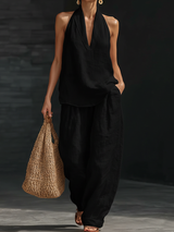 Women's Two-Piece Set Wide Leg Halter V-Neck – Beach Vacation Resort