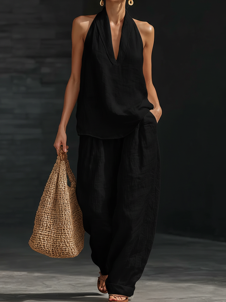 Women's Two-Piece Set Wide Leg Halter V-Neck – Beach Vacation Resort