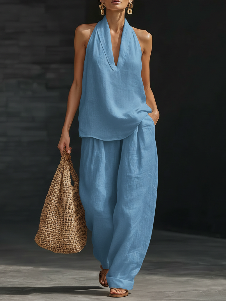 Women's Two-Piece Set Wide Leg Halter V-Neck – Beach Vacation Resort