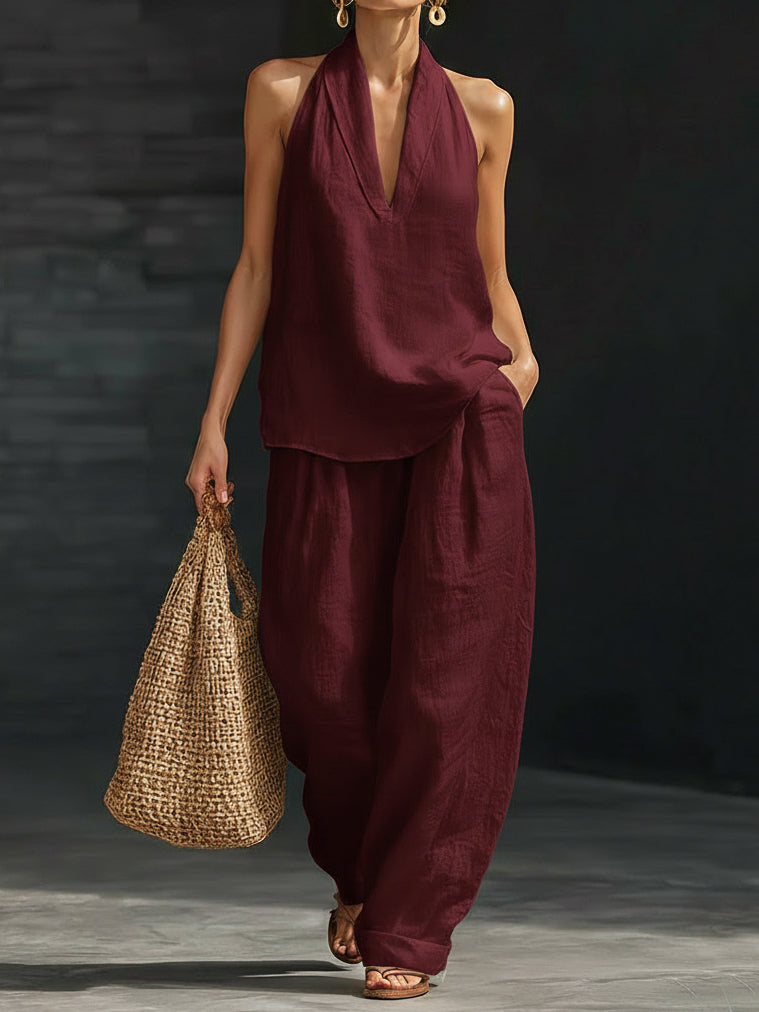 Women's Two-Piece Set Wide Leg Halter V-Neck – Beach Vacation Resort
