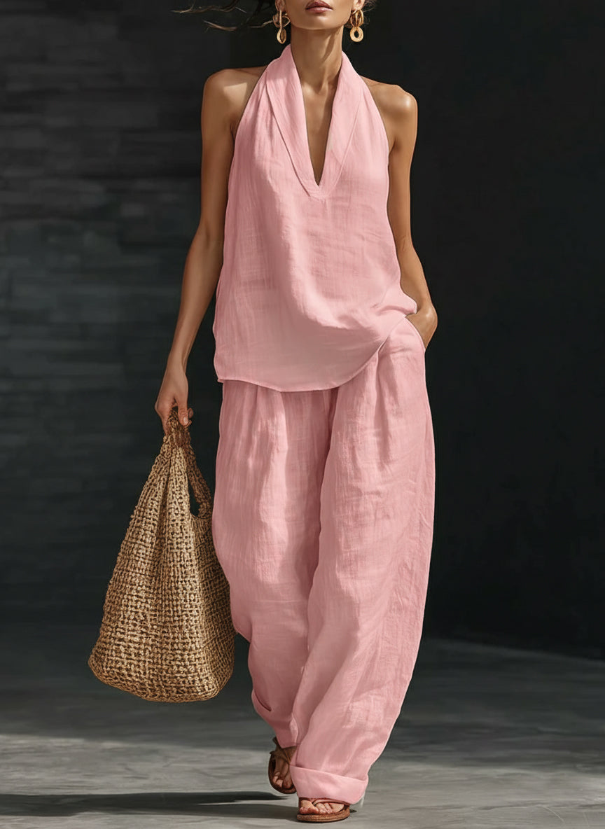 Women's Two-Piece Set Wide Leg Halter V-Neck – Beach Vacation Resort