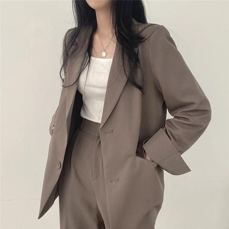 Women's Two Piece Suit Set Notch Lapel Blazer Wide Leg Trouser – Office Wear