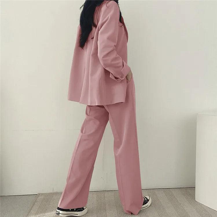 Women's Two Piece Suit Set Notch Lapel Blazer Wide Leg Trouser – Office Wear