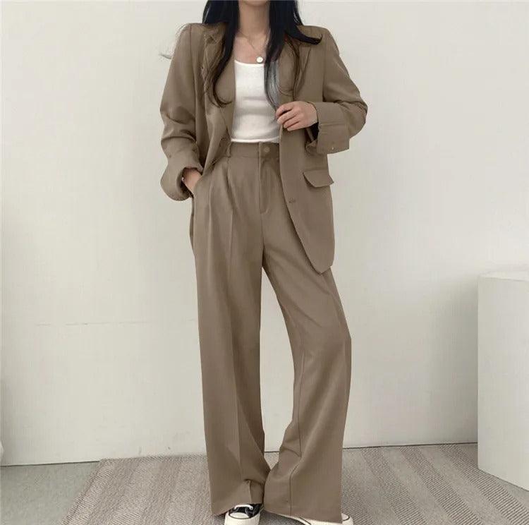 Women's Two Piece Suit Set Notch Lapel Blazer Wide Leg Trouser – Office Wear