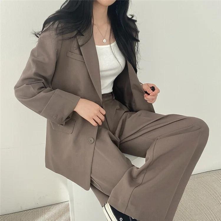 Women's Two Piece Suit Set Notch Lapel Blazer Wide Leg Trouser – Office Wear