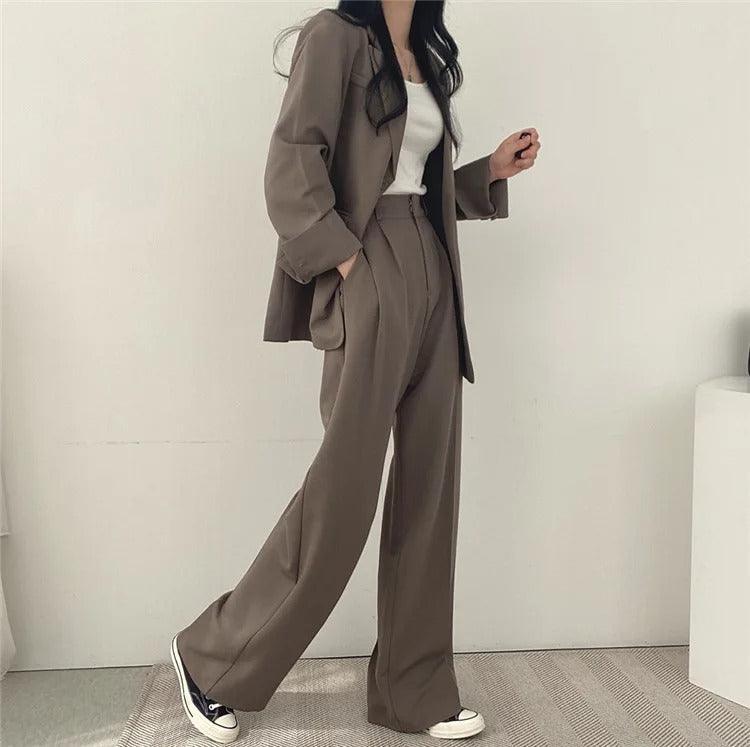 Women's Two Piece Suit Set Notch Lapel Blazer Wide Leg Trouser – Office Wear