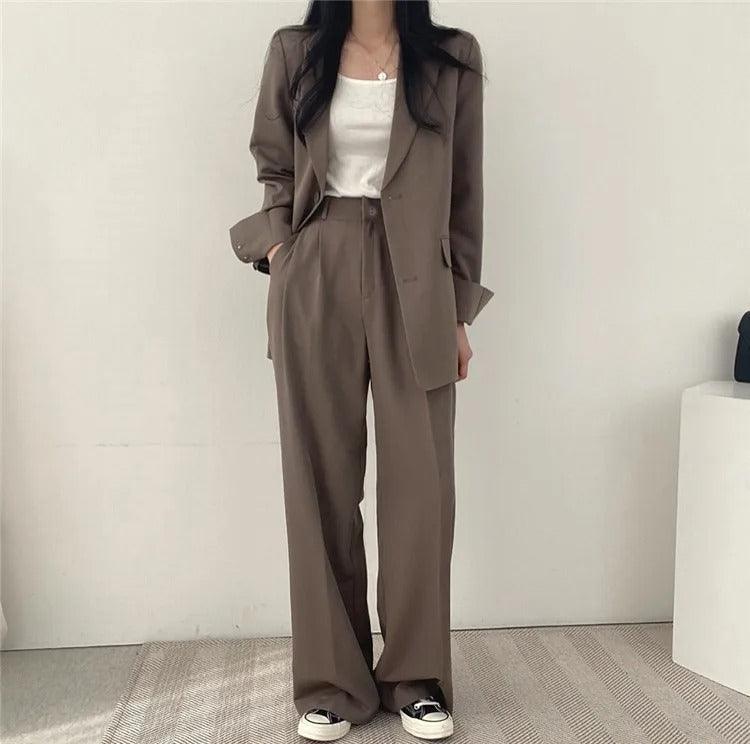 Women's Two Piece Suit Set Notch Lapel Blazer Wide Leg Trouser – Office Wear