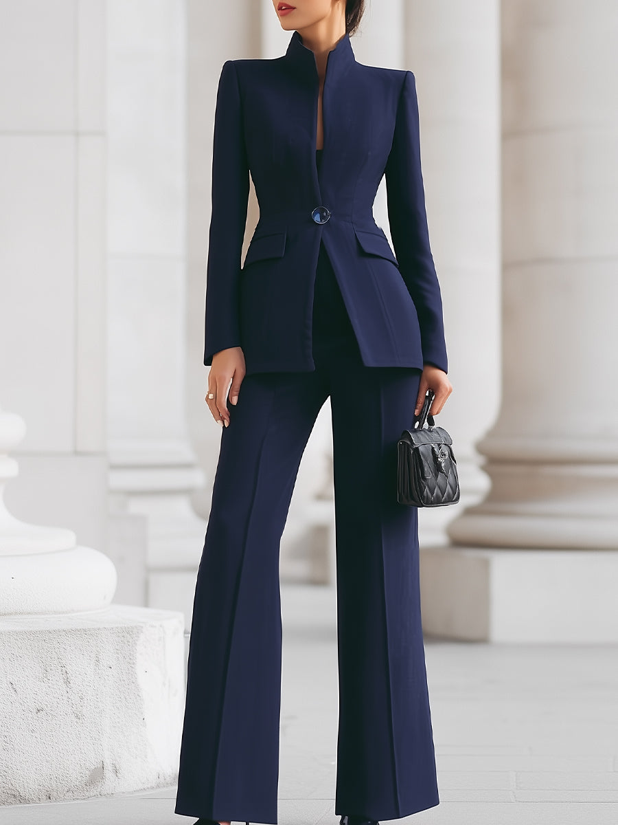 Women's Two Piece Suit Set Stand Collar Wide Leg Pants – Office Wear