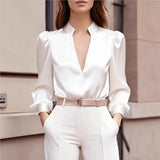 Women's V Neck Blouse Long Puff Sleeve Mandarin Collar – Dinner Party