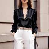 Women's V Neck Blouse Long Puff Sleeve Mandarin Collar – Dinner Party