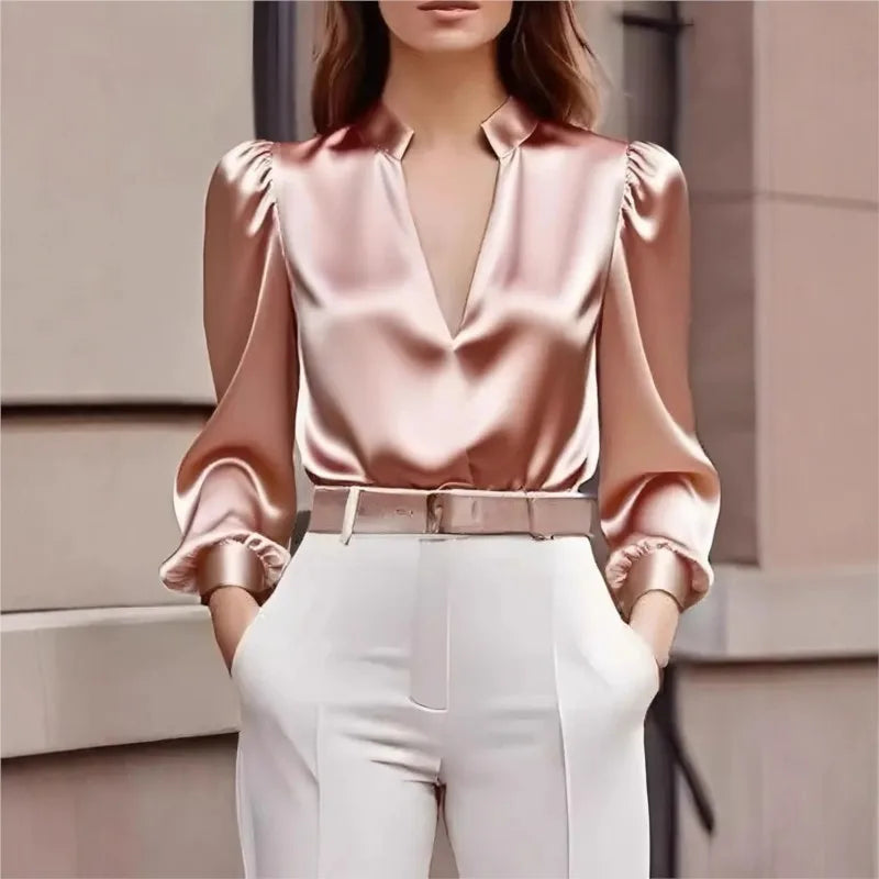 Women's V Neck Blouse Long Puff Sleeve Mandarin Collar – Dinner Party