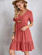 Women's V Neck Mini Dress Short Sleeve Empire Seam Tiered Hem – Summer Casual