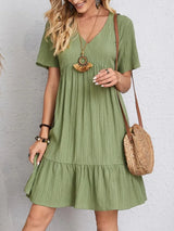 Women's V Neck Mini Dress Short Sleeve Empire Seam Tiered Hem – Summer Casual