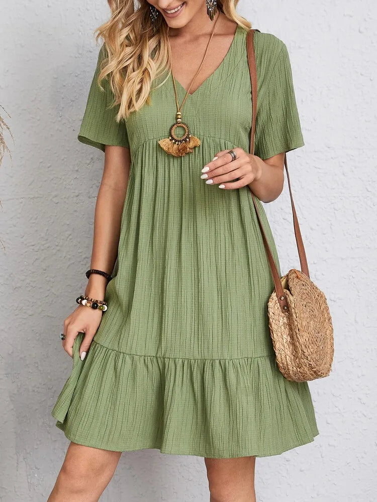 Women's V Neck Mini Dress Short Sleeve Empire Seam Tiered Hem – Summer Casual