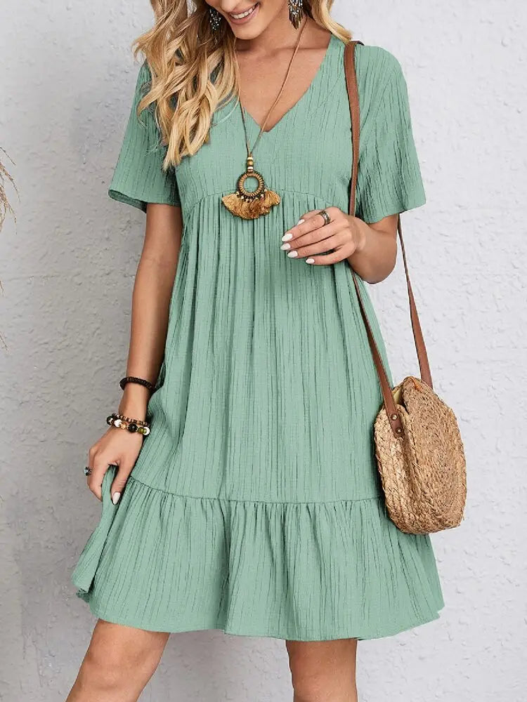 Women's V Neck Mini Dress Short Sleeve Empire Seam Tiered Hem – Summer Casual