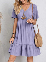 Women's V Neck Mini Dress Short Sleeve Empire Seam Tiered Hem – Summer Casual
