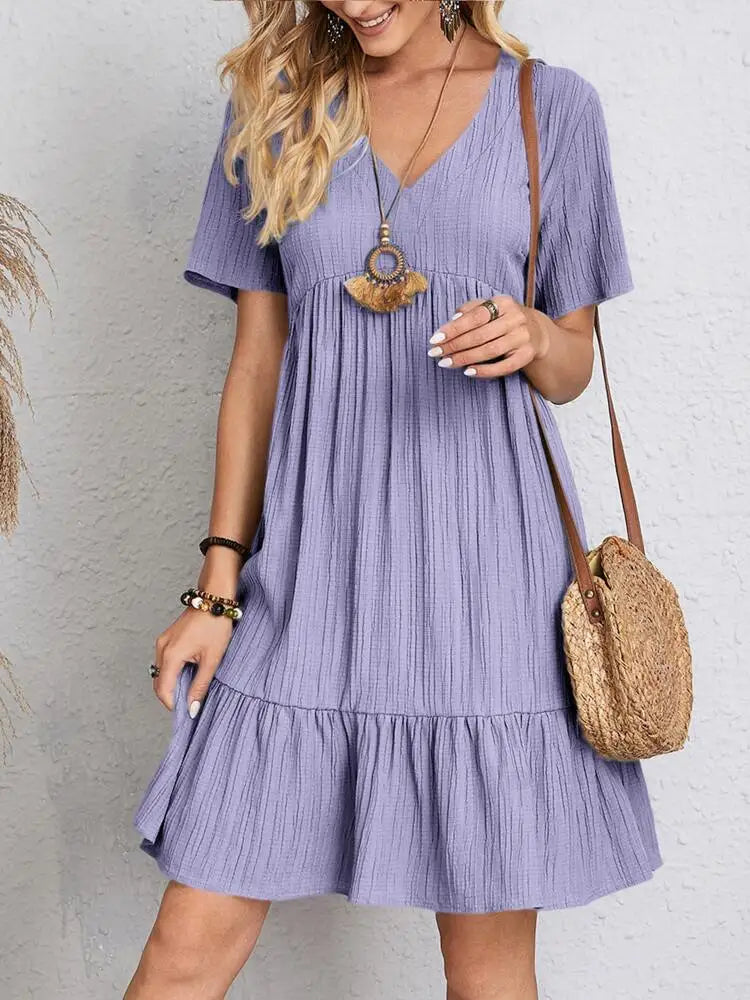 Women's V Neck Mini Dress Short Sleeve Empire Seam Tiered Hem – Summer Casual