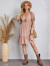 Women's V Neck Mini Dress Short Sleeve Empire Seam Tiered Hem – Summer Casual