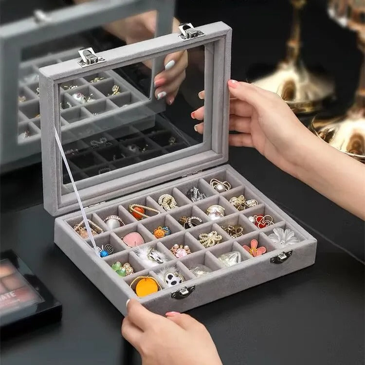 Women's Velvet Jewelry Box Rectangular Clear Lid Compartments – Dresser Setup