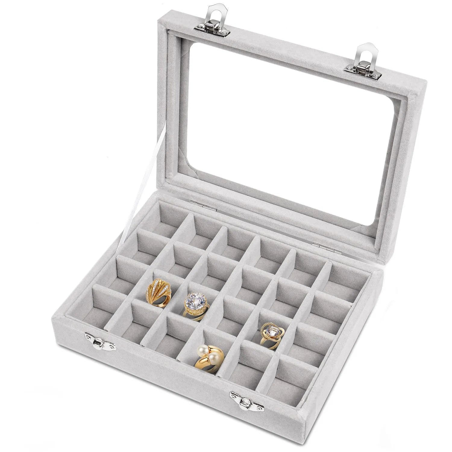 Women's Velvet Jewelry Box Rectangular Clear Lid Compartments – Dresser Setup