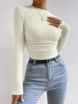 Women's Waffle Knit Crop Top Round Neck Long Sleeve – Lunch Meetup