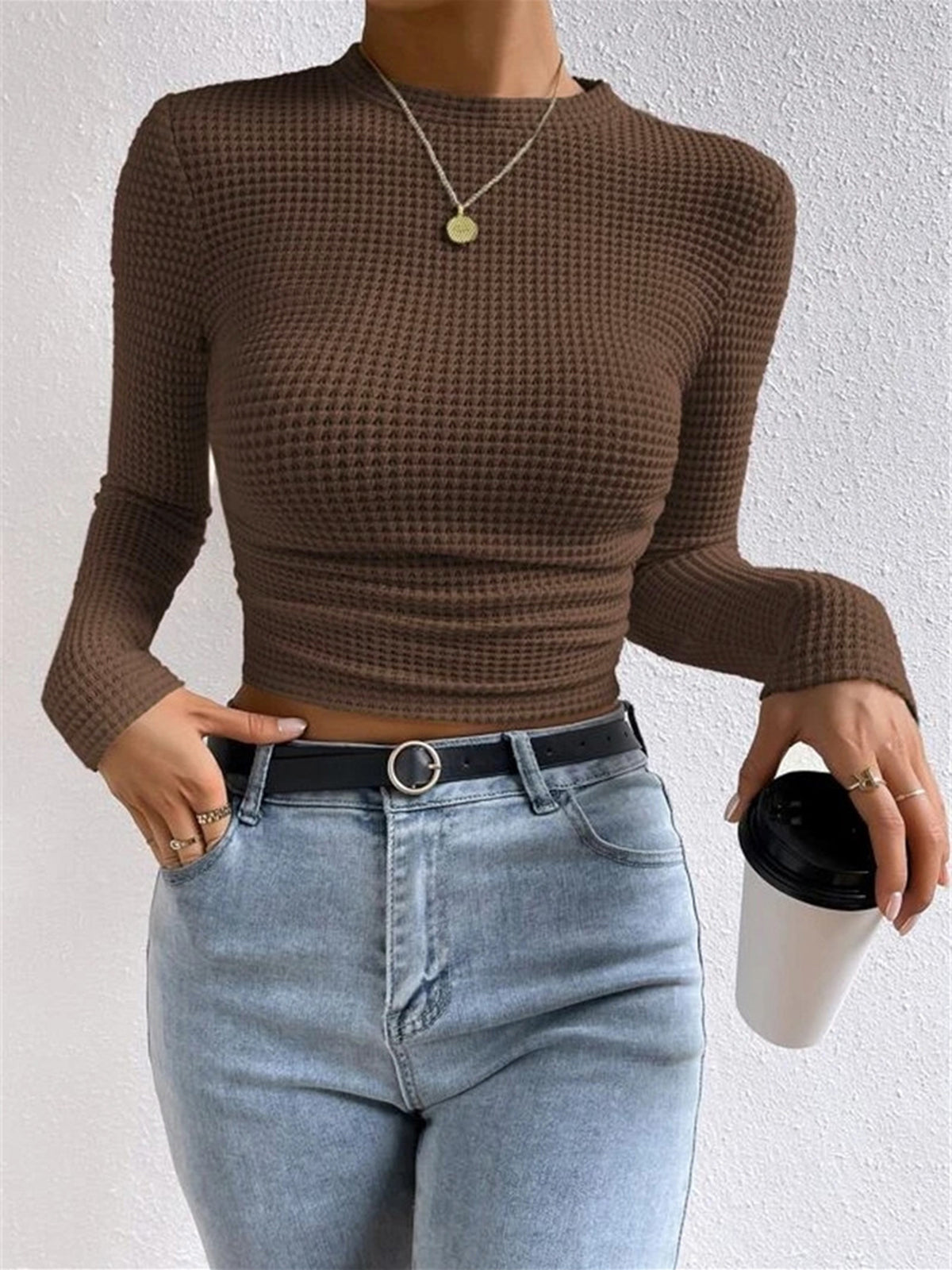 Women's Waffle Knit Crop Top Round Neck Long Sleeve – Lunch Meetup
