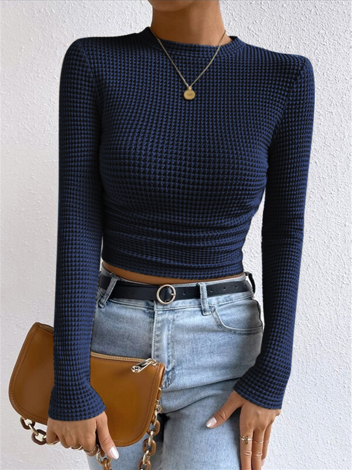 Women's Waffle Knit Crop Top Round Neck Long Sleeve – Lunch Meetup