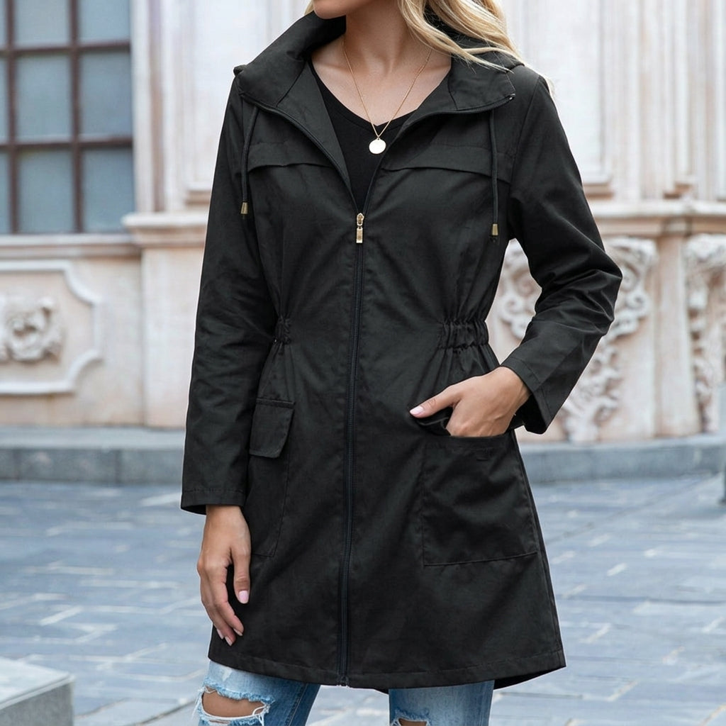 Women’s Waterproof Rain Jacket Drawstring Neckline Zip Front Patch Pockets – Rainy Day Commutes
