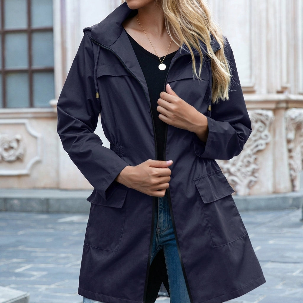 Women’s Waterproof Rain Jacket Drawstring Neckline Zip Front Patch Pockets – Rainy Day Commutes
