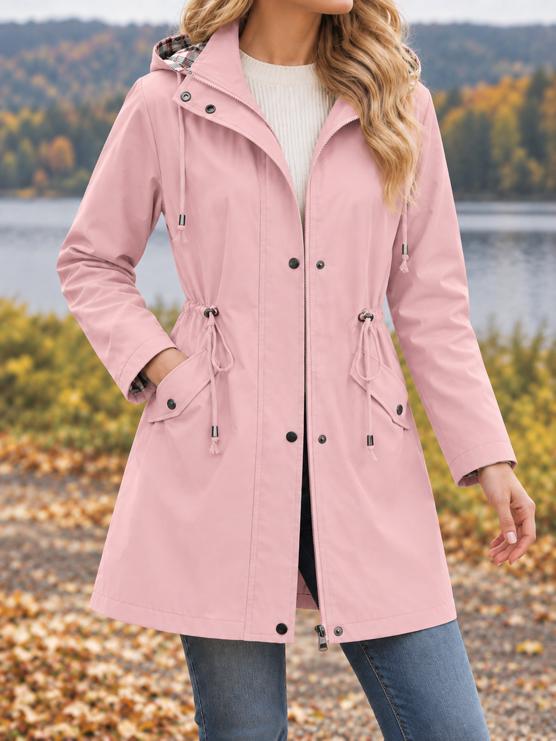 Women’s Waterproof Rain Jacket Hooded Drawstring Plaid-Lined – Rainy Day Errands