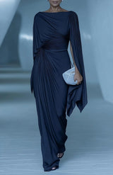 Women's Wedding Guest Dress Draped Bateau Neck Pleated Cape – Formal Dinner