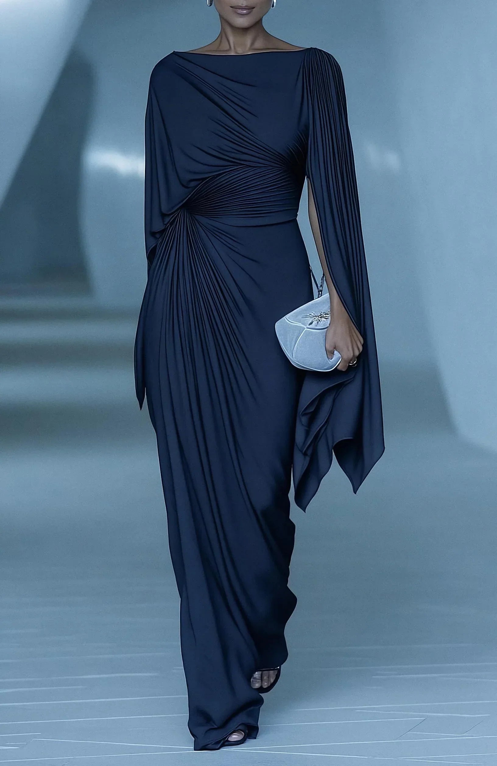 Women's Wedding Guest Dress Draped Bateau Neck Pleated Cape – Formal Dinner