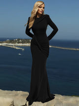 Women's Wedding Guest Dress Draped Open Back Long Sleeve – Ceremony