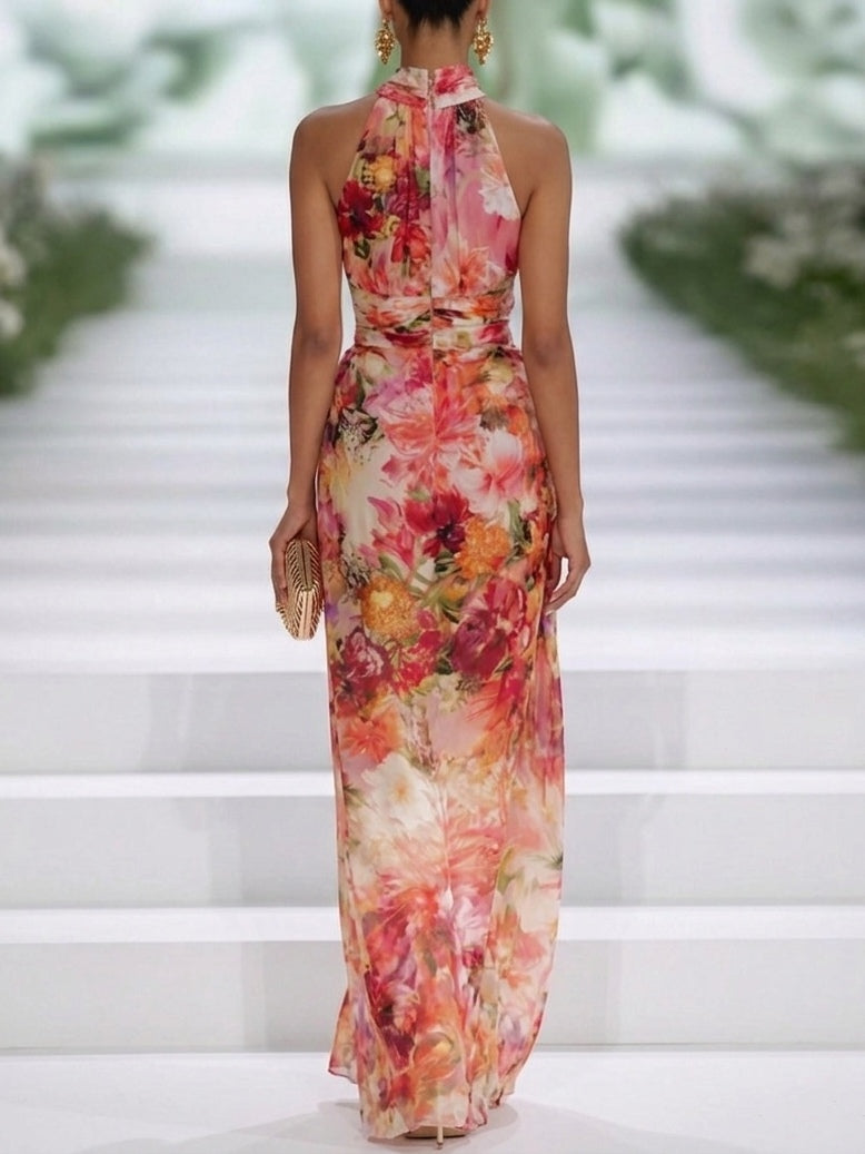 Women's Wedding Guest Dress Floral Halter Neck Maxi – Garden Ceremony