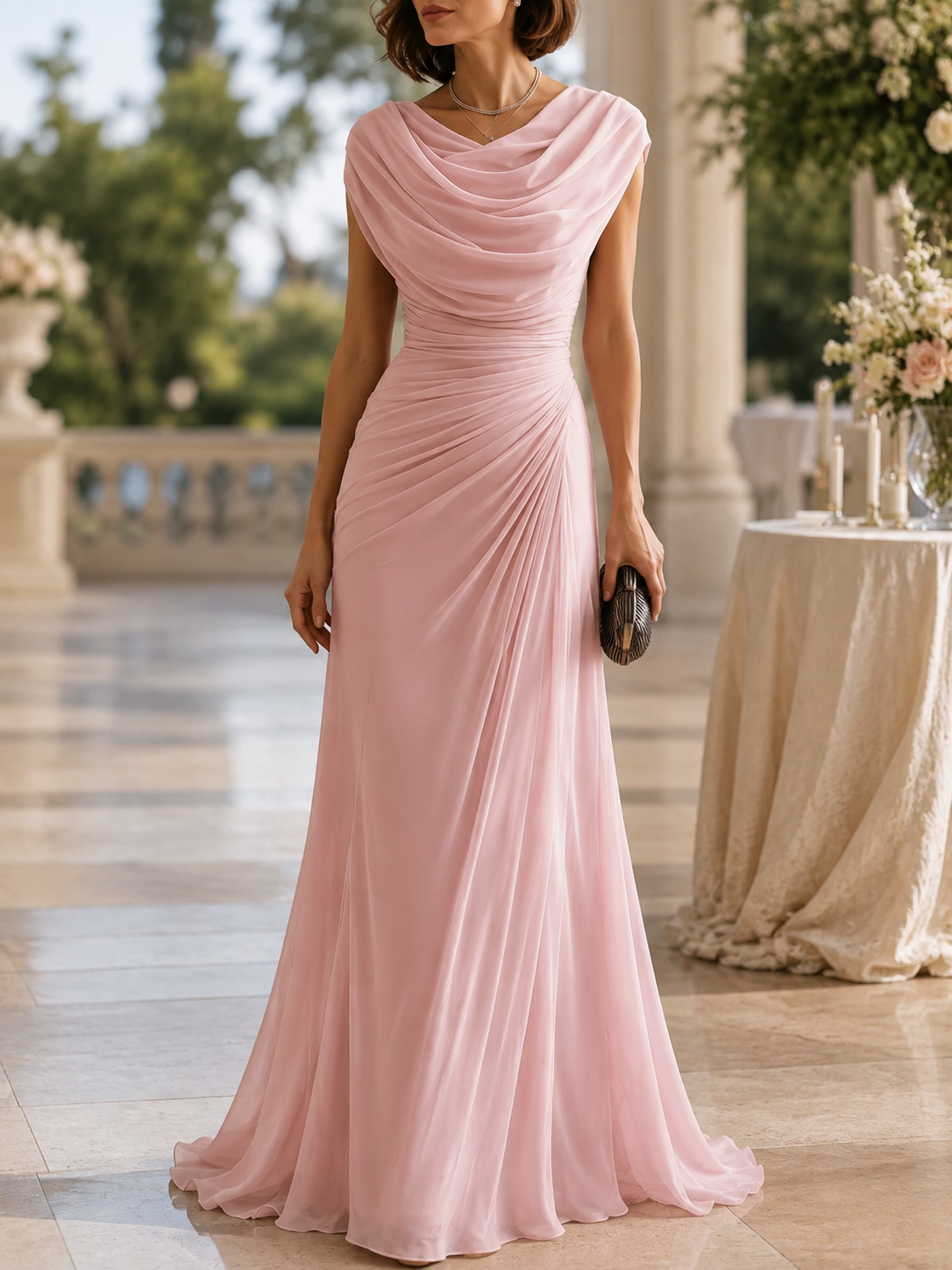 Women’s Wedding Guest Maxi Dress Cowl Neck Ruched Waist Sleeveless – Formal Receptions
