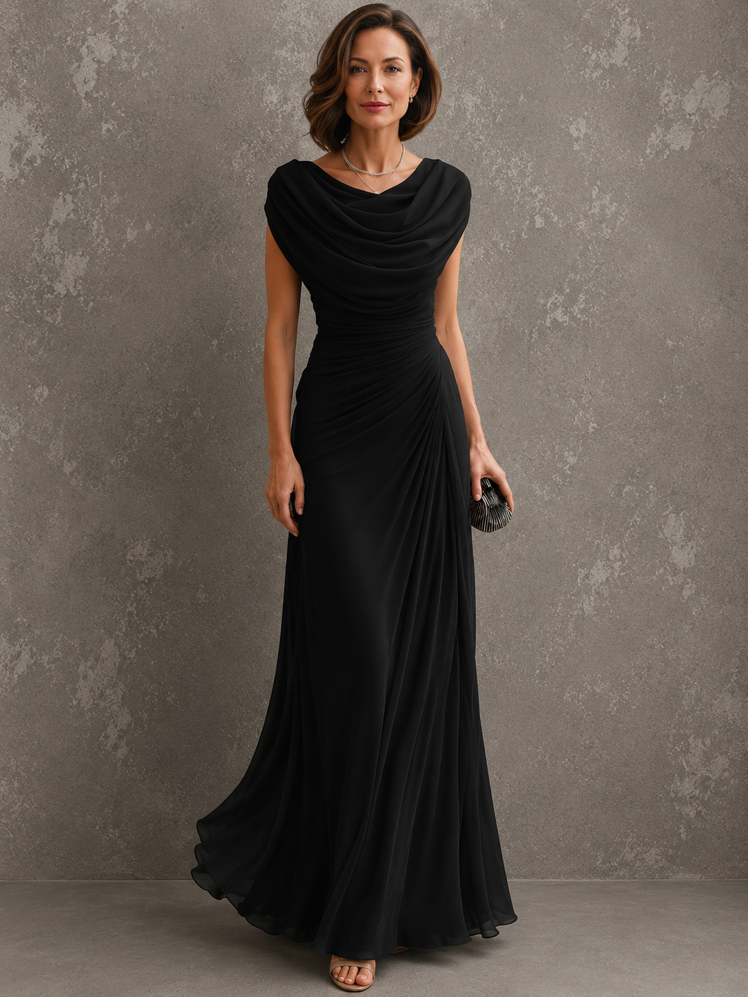 Women’s Wedding Guest Maxi Dress Cowl Neck Ruched Waist Sleeveless – Formal Receptions