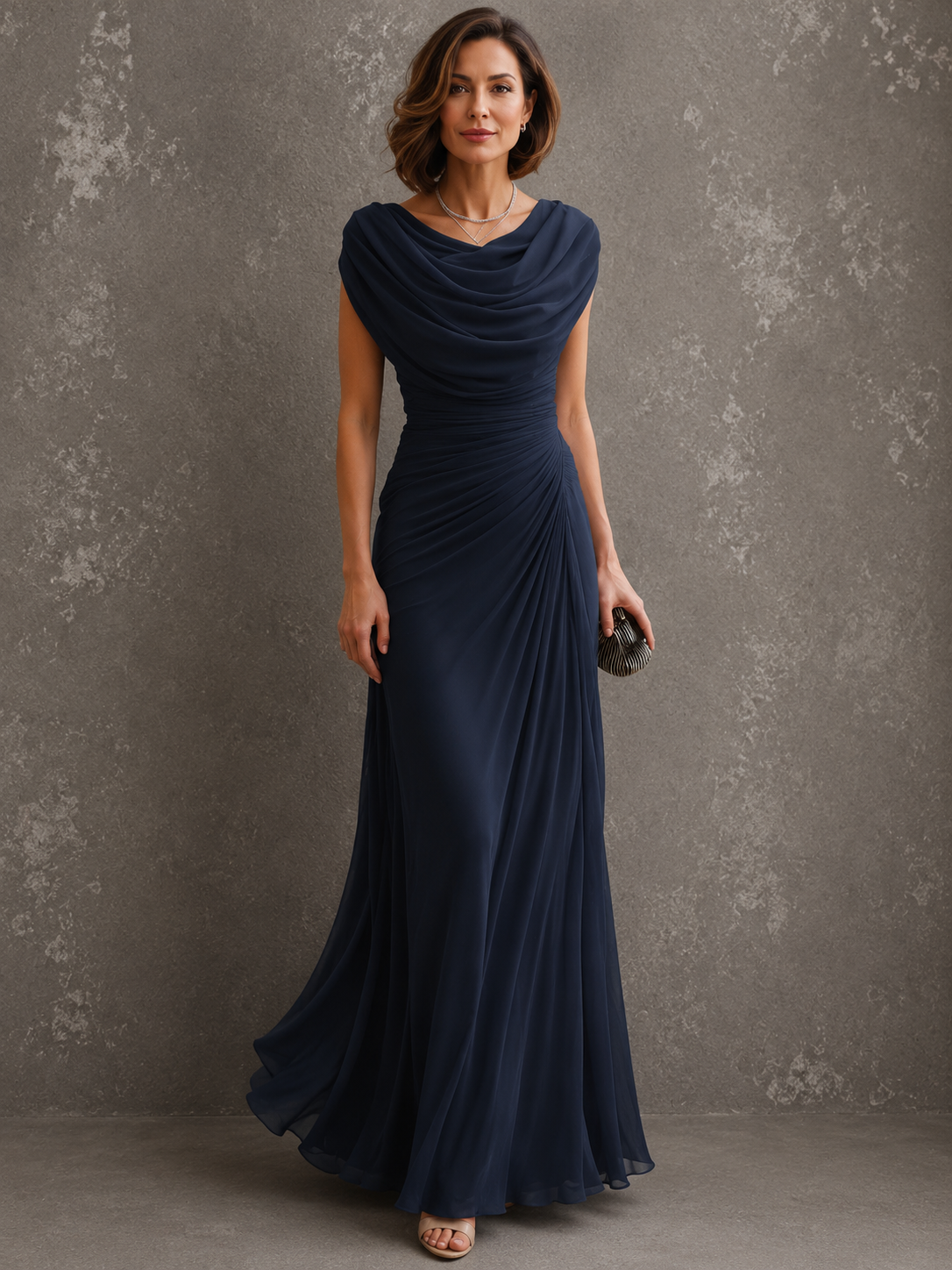 Women’s Wedding Guest Maxi Dress Cowl Neck Ruched Waist Sleeveless – Formal Receptions